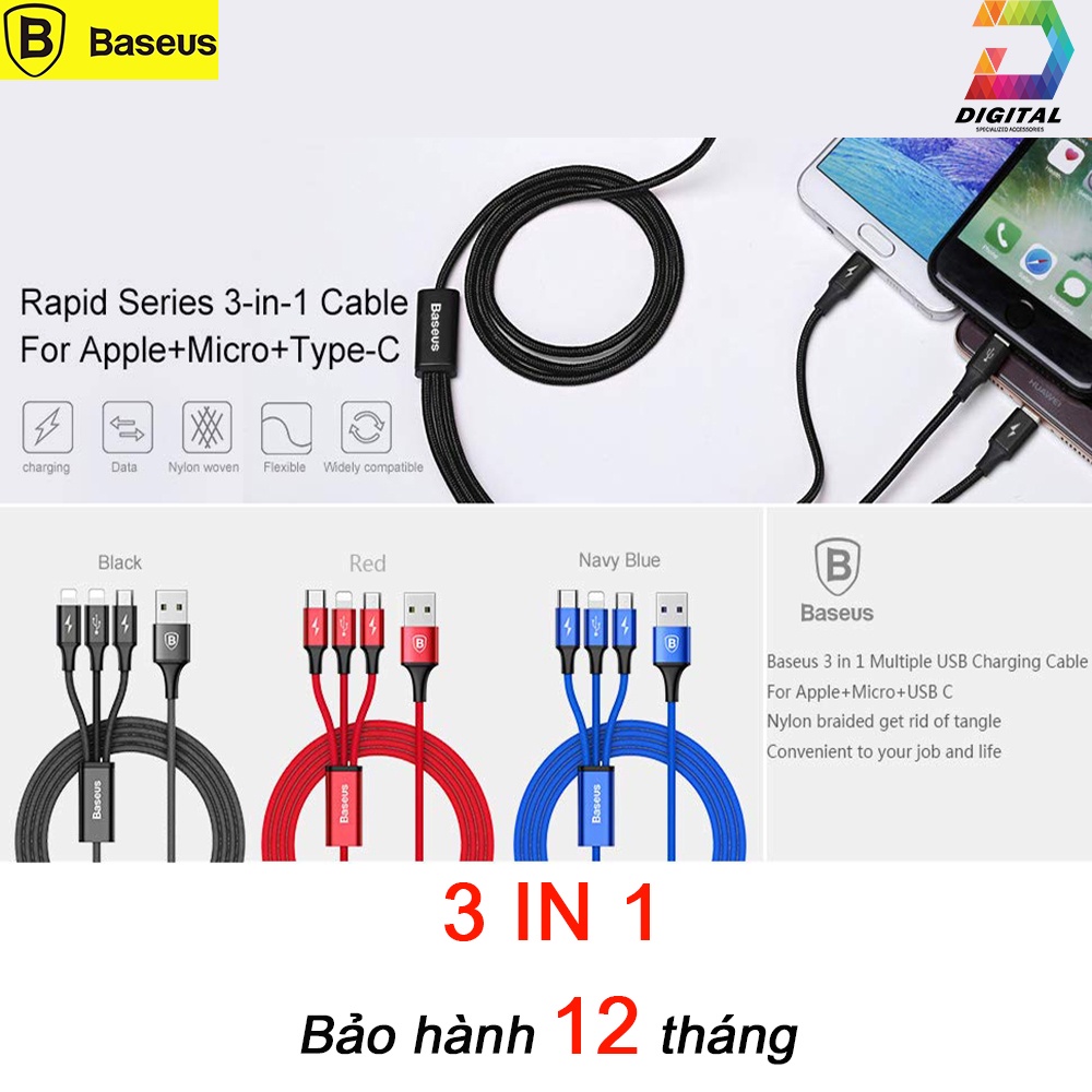 Cáp Sạc Đa Năng 3 Đầu Baseus Dây Dù Siêu Chắc Chính Hãng
