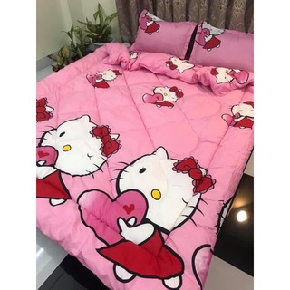 🌲set 4 món🌲Bộ Chăn phao ga gối dành cho đệm 1m2x1m9-MẪU KITTY ÔM TIM
