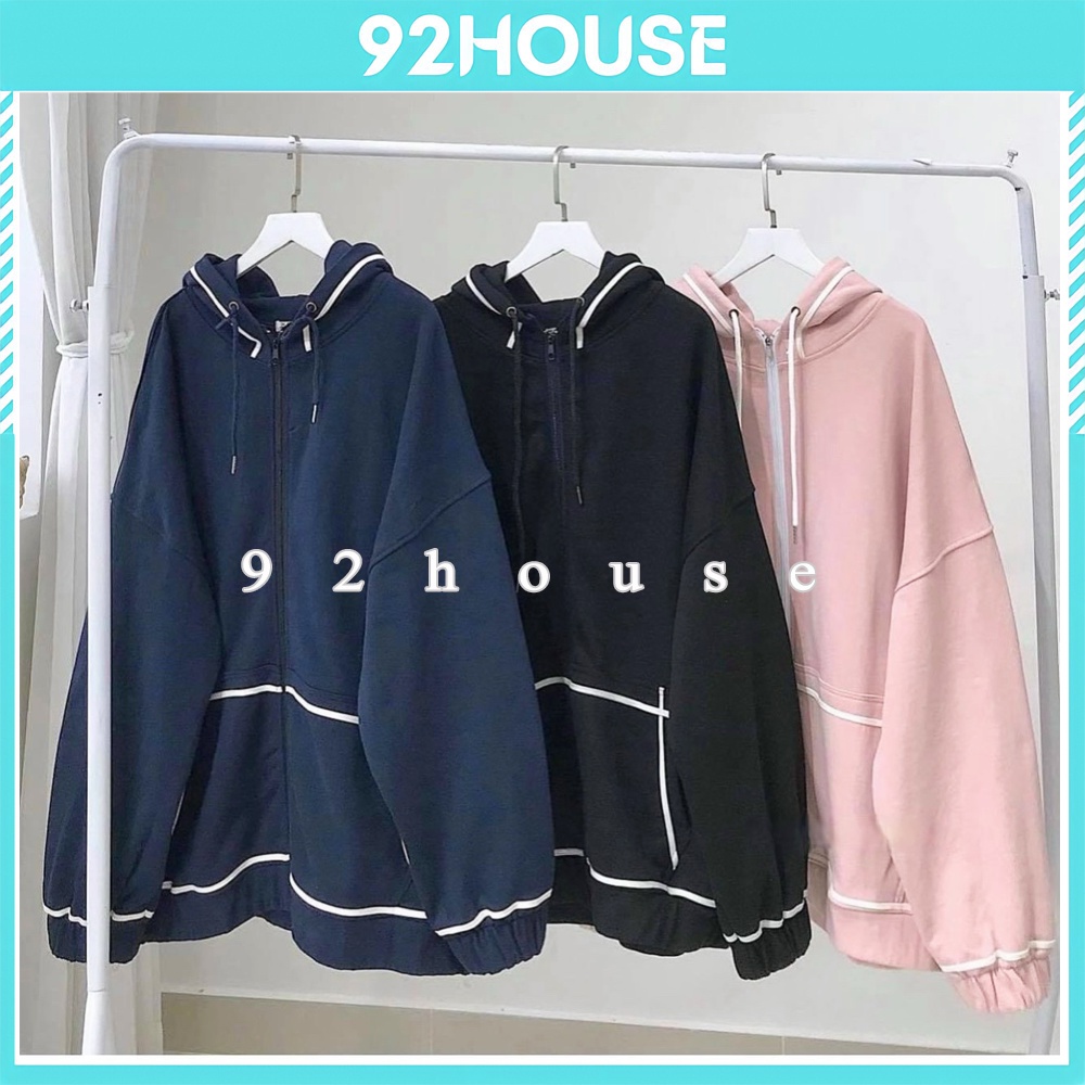 Áo khoác nỉ basic trơn viền trắng có nón form rộng freesize / Áo gió ulzzang unisex kẻ sọc