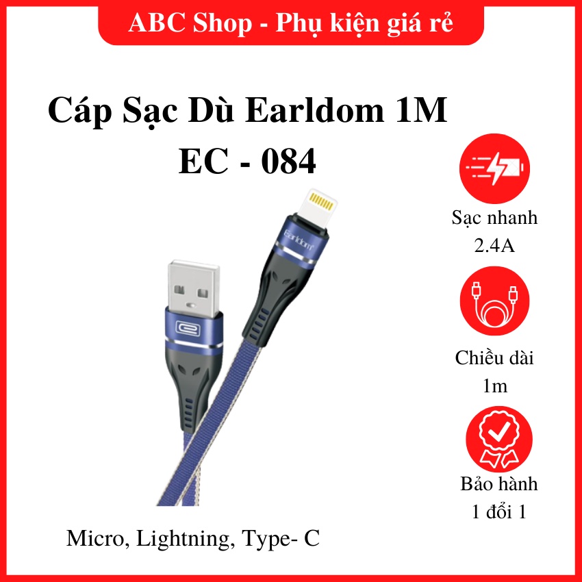 Dây cáp sạc dù EC - 084, hỗ trợ sạc nhanh, dây 1m được bọc dù siêu bền, chống đứt, chống gãy
