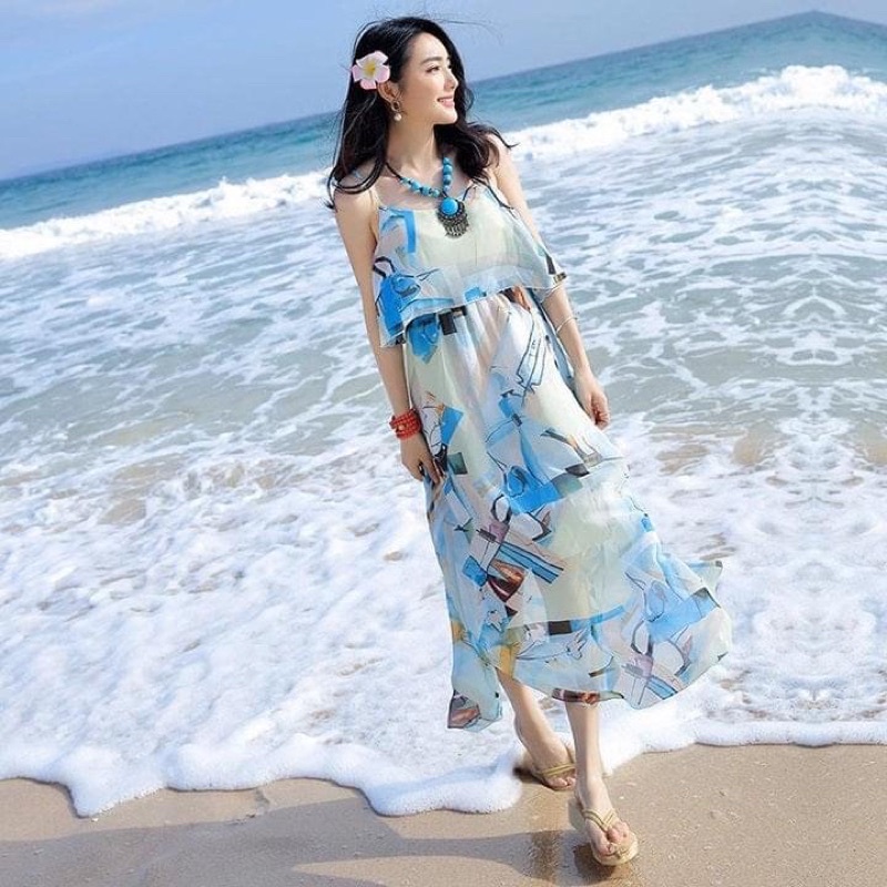 Đầm voan maxi đi biển mùa hè xẻ tà chất liệu mềm mịn