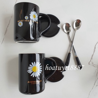 Ly cốc sứ cao cấp họa tiết hoa có nắp và thìa dung tích 380ml