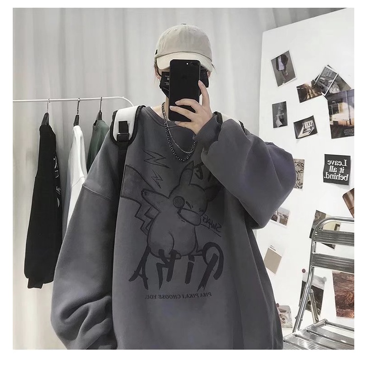 Áo Sweater Tay Dài Cổ Tròn Dáng Rộng In Họa Tiết Hoạt Hình Phong Cách Hip Hop Nhật Bản Thời Trang Cho Nam Giới Size M-8XL