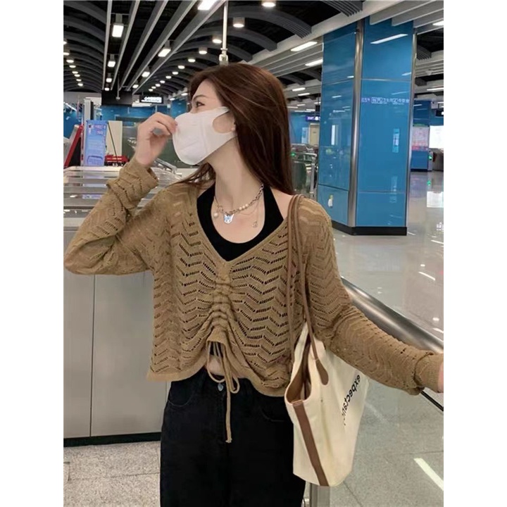 COZOK Áo Sweater Dệt Kim Tay Dài Cổ Chữ V Phối Dây Rút Thời Trang Trẻ Trung