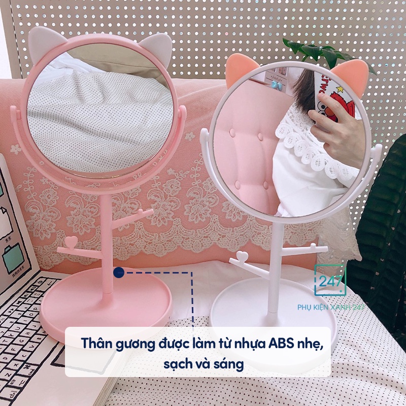 Gương tai mèo cute, gương để bàn trang điểm kiểu dáng Hàn Quốc xoay 360 độ gấp gọn, siêu tiện dụng