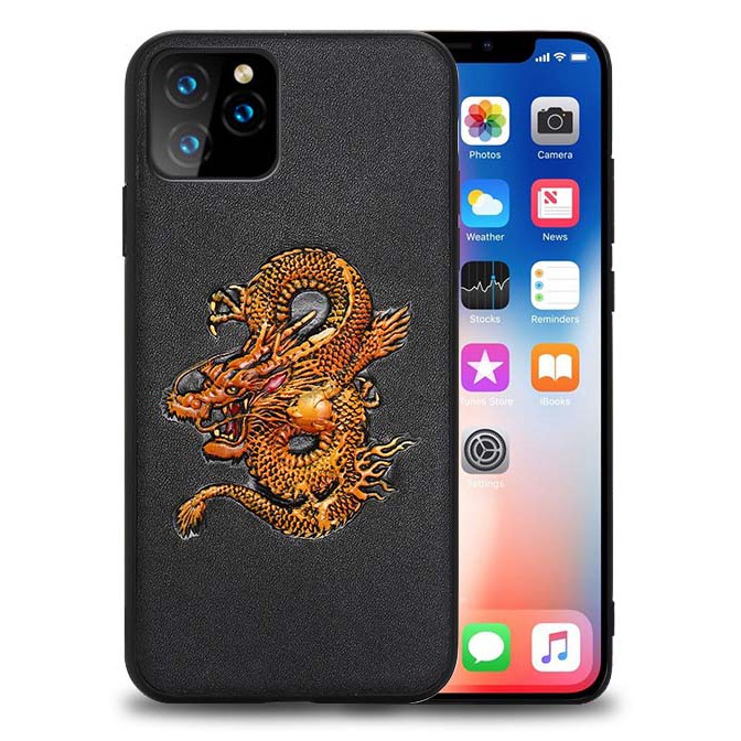 Ốp lưng da iphone 11 pro max / xs  da bò cao cấp hình rồng hổ nổi 3D