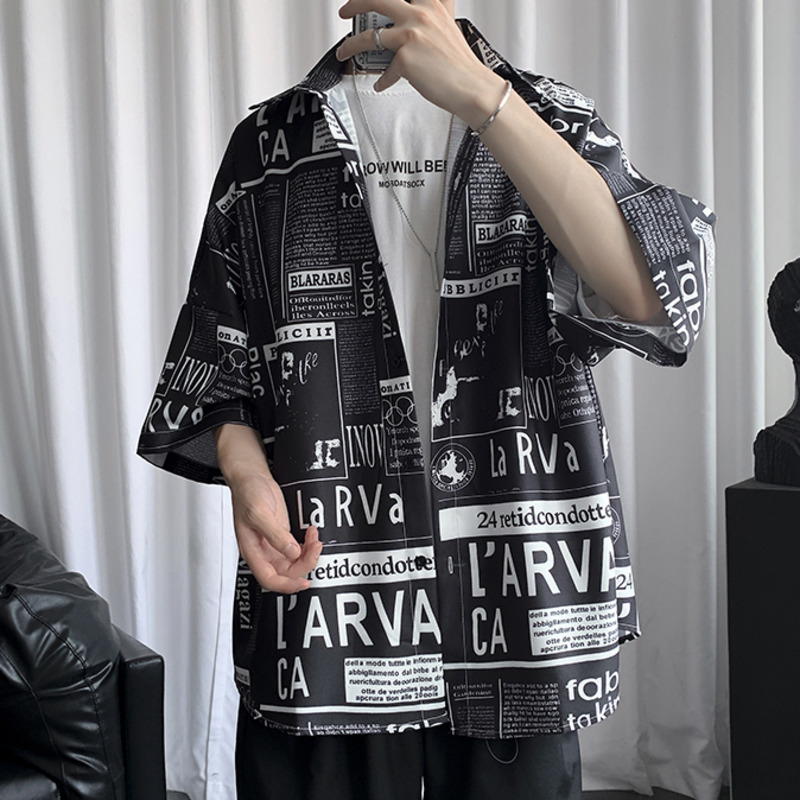 Áo Sơ Mi Tay Ngắn In Họa Tiết Báo Chí 5 Tay Ngắn Thời Trang Mùa Hè Hàn Quốc Cho Nam