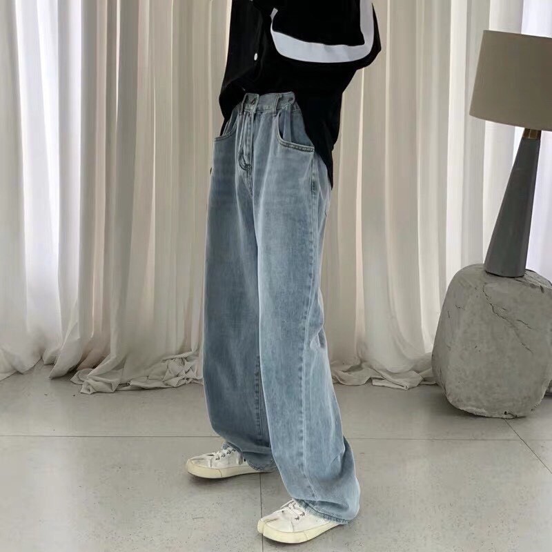 Quần jeans nam nữ ống suông xanh trơn phong cách Hàn Quốc