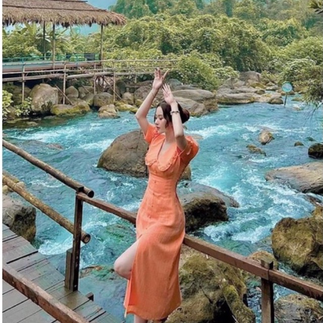Váy cam cổ tròn bèo 2 lớp cúc bọc mềm mại | BigBuy360 - bigbuy360.vn