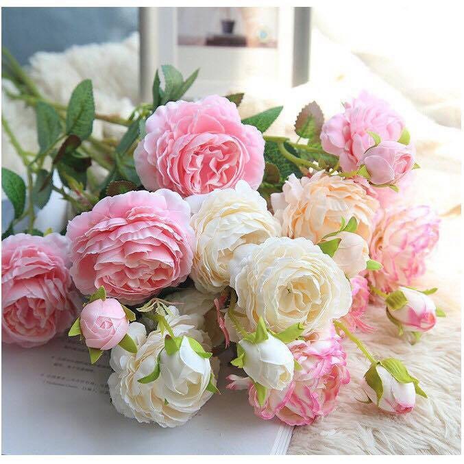 Hoa Lụa Trang Trí FreeShip Hoa Hồng Mẫu Đơn Cao Cấp Cành 2 Bông TTo 8cm 1 Nụ
