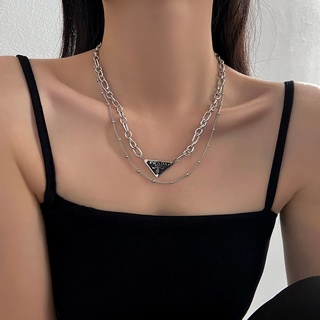 Vòng cổ kim loại hai lớp mặt hình tam giác in chữ Prada thời trang hàn quốc sang trọng cho nữ