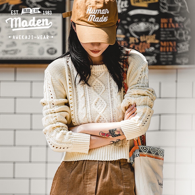 Thương Hiệu MADEN Áo sweater Dệt Kim Ngắn Cổ Tròn Xoắn Tròn Rỗng Màu Be retro Nhật Bản Cho Nữ