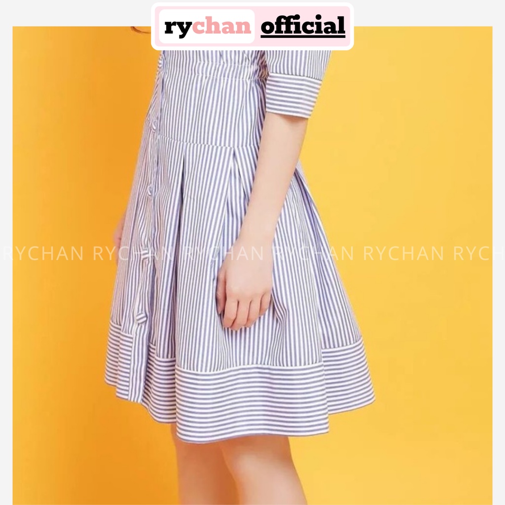 Đầm Váy Nữ Đi Chơi Họa Tiết Sọc Xanh Nút Bọc Đuôi Xếp Li Tay Dài [ẢNH THẬT CUỐI] - DX9889