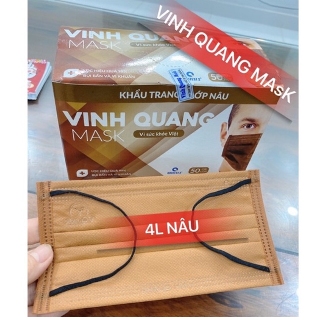 Khẩu trang 4L Nâu thun đeo tai màu đen Vinh Quang Mask