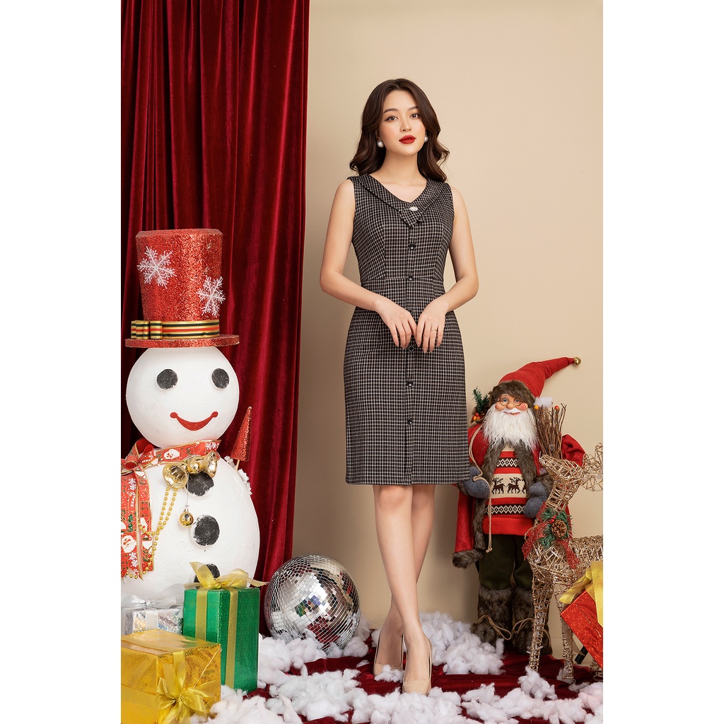 Đầm Công Sở Dáng Ôm A Luperi Chất liệu kẻ dạ umi co giãn thoải mái kiểu dáng sát nách cổ tim hiện đại LFV3245