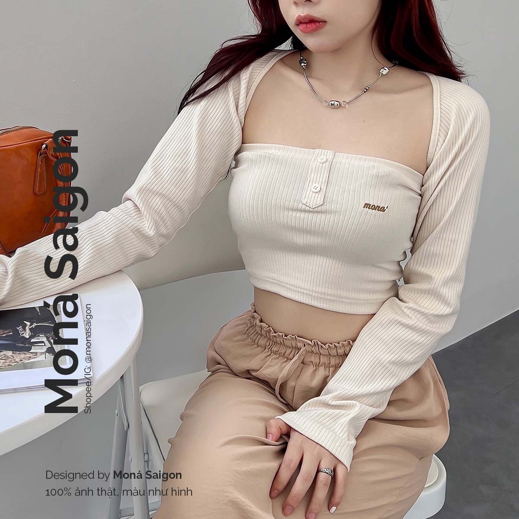 MONÁ - Set áo cardigan tay dài thêu logo - HINA TOP