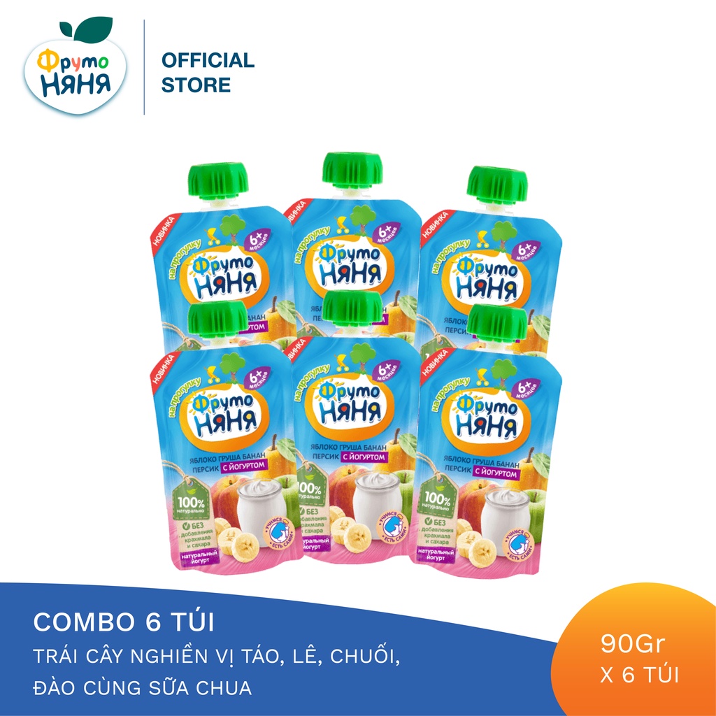 Combo 6 Gói Trái cây nghiền vị táo, lê, chuối, đào cùng sữa chua Fruto Nyanya 90g/gói