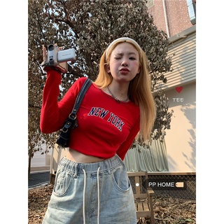 Áo thun dài tay mùa thu cổ tròn ôm body dáng croptop cá tính in chữ NEW YORK