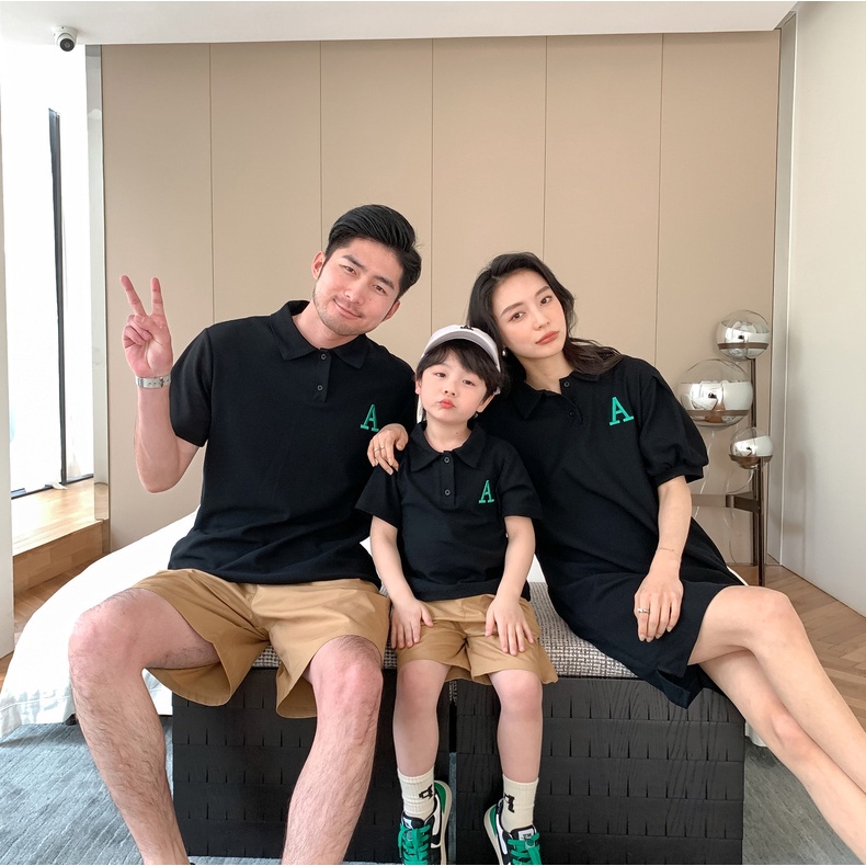Áo gia đình Familylove - Mẫu Áo Polo Đầm Váy Gia Đình In Góc Logo Chữ A Xinh Xắn Chất Liệu cotton 100% co giãn