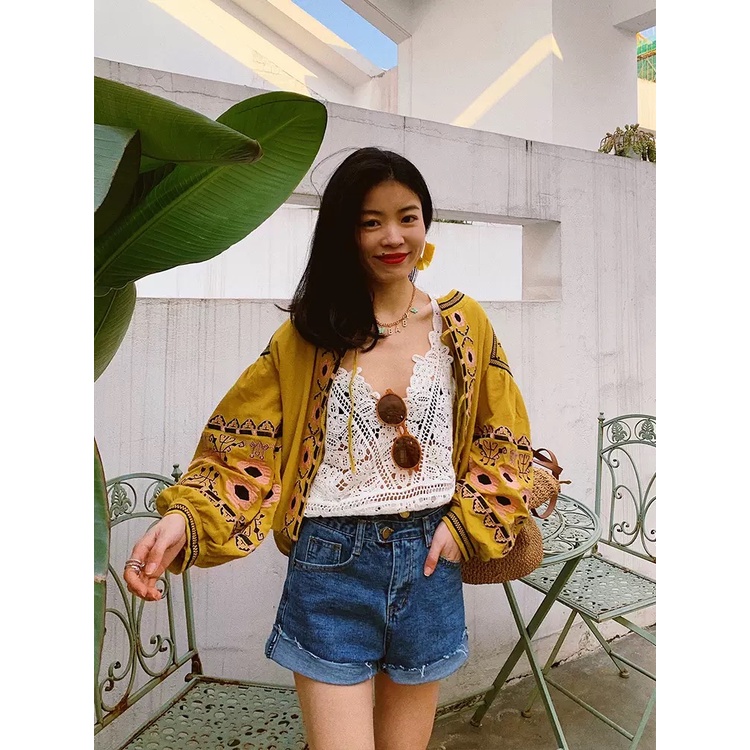 MS598 Áo hai dây kiểu ren đan móc đi biển, mix váy áo vintage