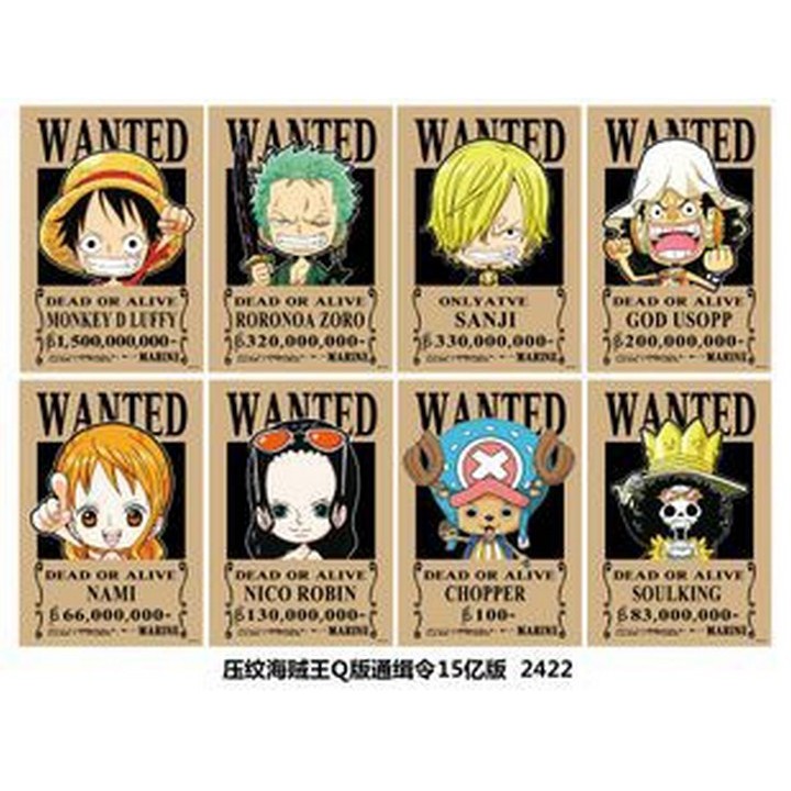 BỘ POSTER A4 WANTED BĂNG MŨ RƠM anime 8 tấm a3