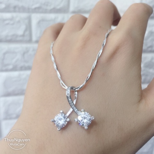 Mặt dây chuyền 2 viên đá móc chéo bạc thật xi kim