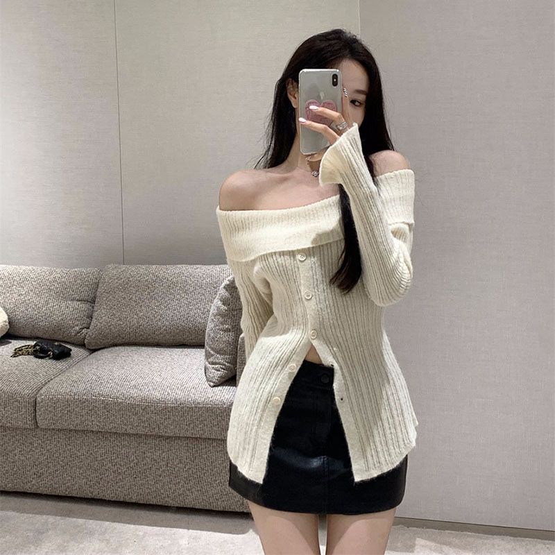 Aó len dệt kim trễ vai tay loe một hàng nút cúc dáng ôm phong cách hàn quốc