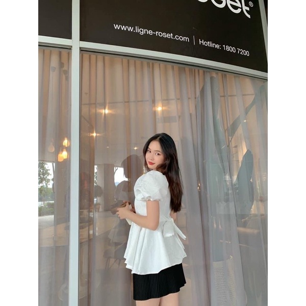 Áo Kristy Babydoll màu trắng Tay Phồng Cổ Vuông, Áo Kiểu Nữ Tay Bồng Dây Nơ Cột Sau Chất Vải Gấm Cao Cấp Đứng Form