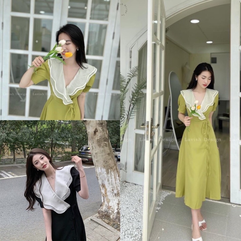 Váy dáng dài cổ bèo trắng sẻ tà xanh cột nơ cúc bọc