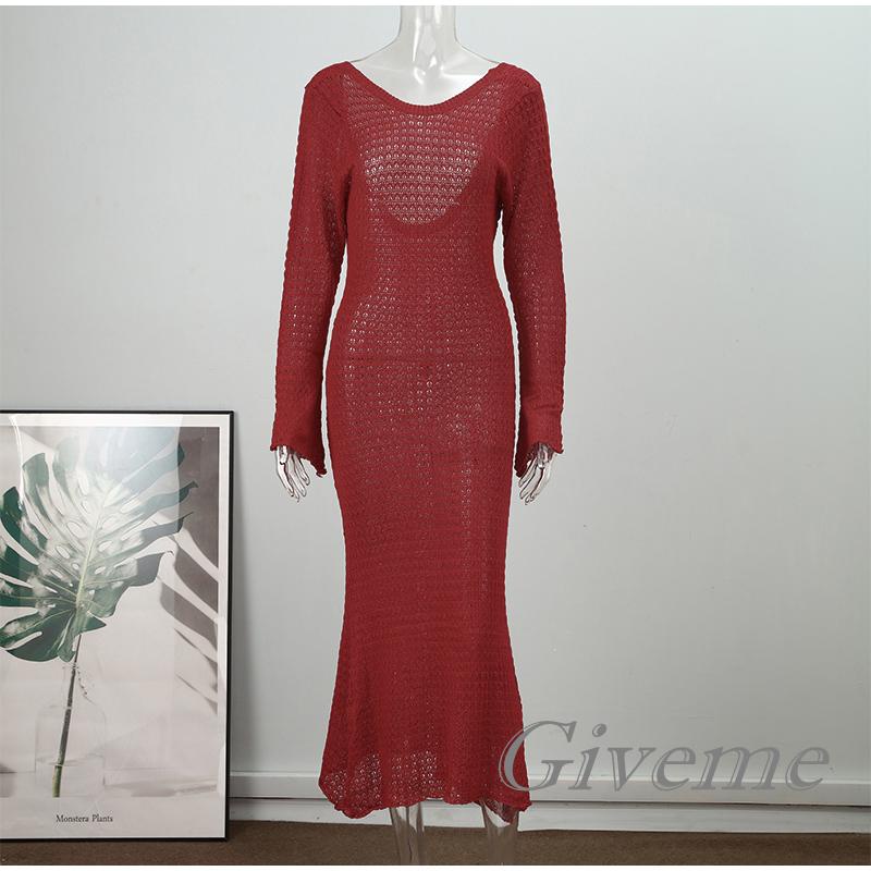 Đầm Dài Dệt Kim Màu Trơn Xuyên Thấu Cổ Tròn Tay Dài Thời Trang Mùa Hè Cho Nữ