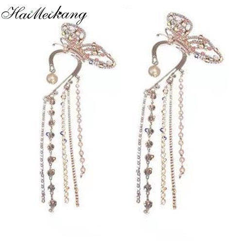 Khuyên tai đeo bên trái Haimeikang mặt hình bướm đính đá pha lê ngọc trai phong cách Hàn Quốc thời trang cá tính