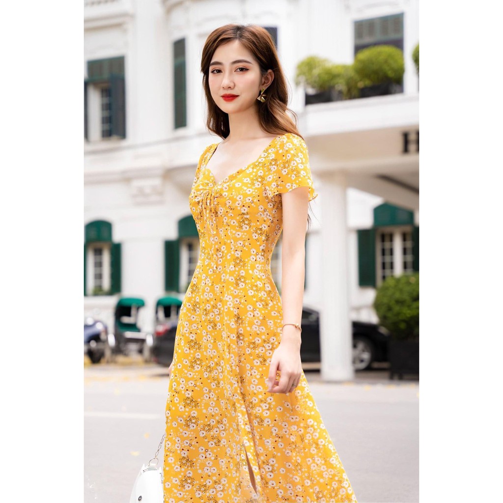 Đầm du lịch, nhún ngực, xẻ tà 1 bên 2 màu họa tiết hoa đủ 4 size e-1227 | BigBuy360 - bigbuy360.vn