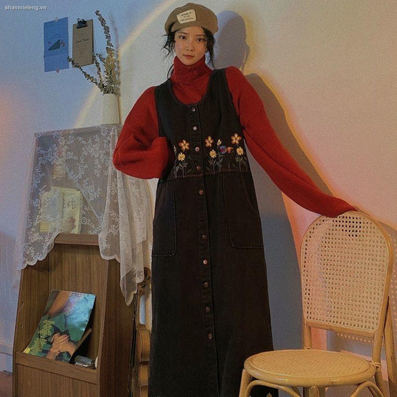 Đầm yếm denim thêu họa tiết phong cách Nhật Bản thời trang mùa thu dành cho nữ