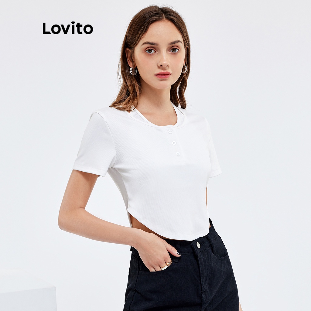 Áo thun Lovito cổ bẻ cài dây kéo vải kết cấu phong cách thường ngày L25AD006 (màu trắng)