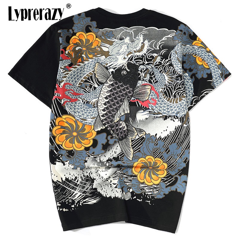 Áo Thun Cotton Thêu Họa Tiết Cá Chép/Cá/Hoa/Cá Kiểu Trung Hoa Phong Cách Hip Hop Đường Phố