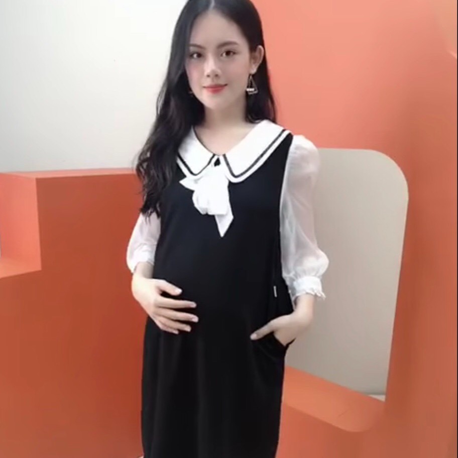 Váy bầu công sở thiết kế nơ cổ đẹp