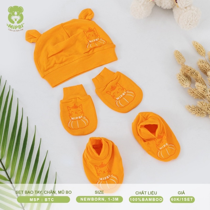 Set Bao Tay, Bao Chân Và Mũ Mipbi Cao Cấp 100% Sợi Tre Siêu Mềm Mịn Cho Bé