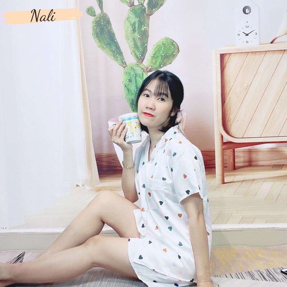Bộ pijama cộc tay lụa satin hình trái tim dễ thương, bộ đồ ngủ đồ bộ đùi mặc nhà trái tim 4 màu siêu đẹp NL116