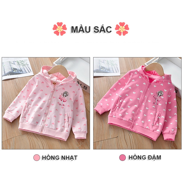 Áo Khoác Nỉ Bé Gái, có mũ trùm đầu, họa tiết trái tim siêu đáng yêu, hàng Quảng Châu Cao Cấp