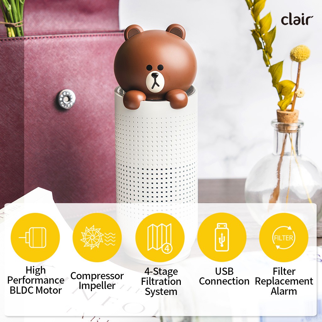 Máy lọc không khí cầm tay Clair thiết kế gấu nâu hoạt hình đáng yêu tiện lợi