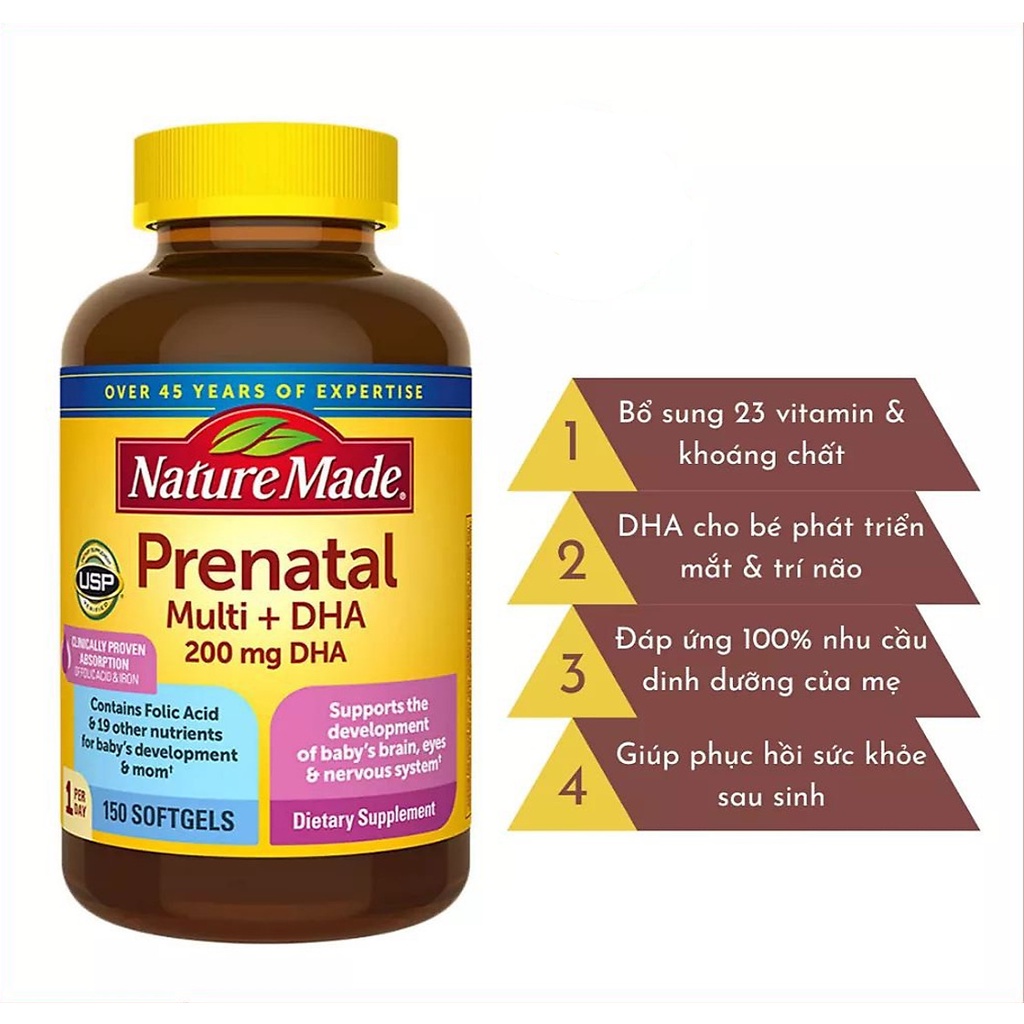 Vitamin bà bầu Prenatal + DHA 200mg Nature Made 90 viên, 150 viên của  Mỹ