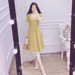 (Up New) VÁY CARO CỔ TIM TAY NƠ - 0807