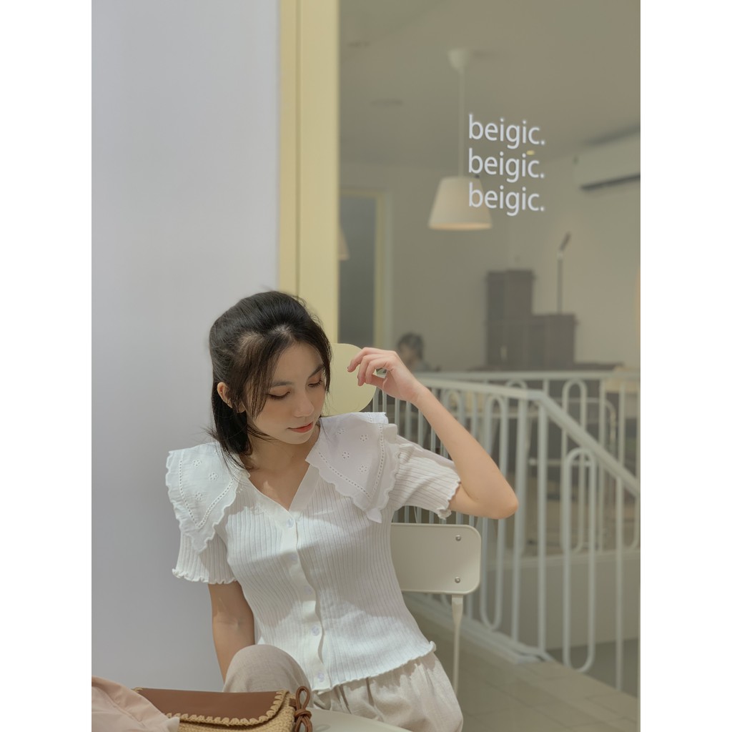 Áo len gân cổ tim pha vải thêu SA451 Lollie.studio