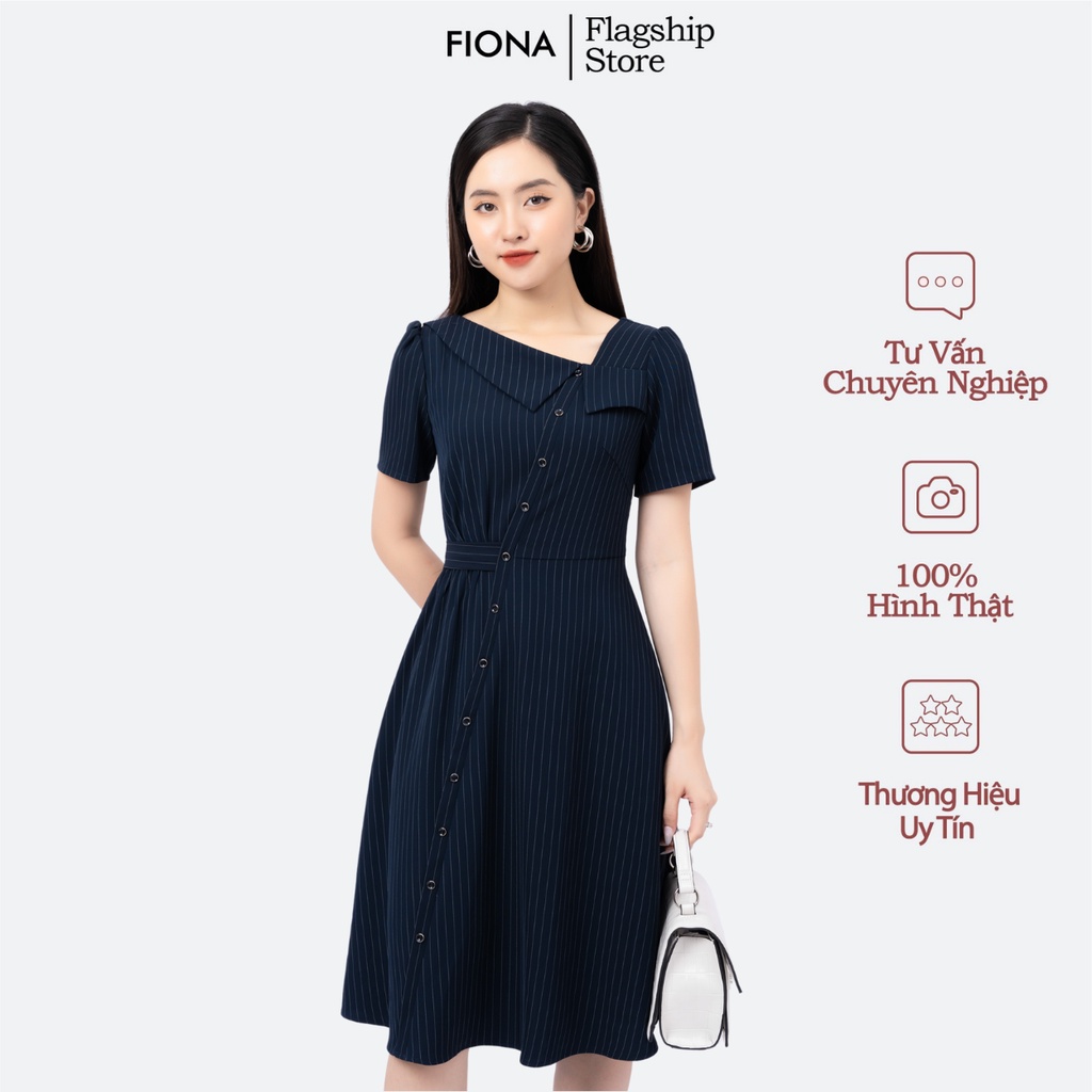 Đầm kẻ dọc tay cộc nhún một bên sườn FIONA F451325