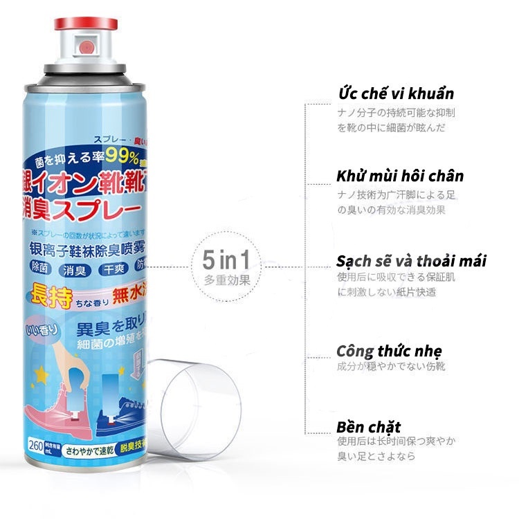 Xịt khử mùi giày, công thức Nano Bạc, loại bỏ mùi hôi, vi khuẩn trong giày, mũ bảo hiểm, không gây kích ứng da, 260ml