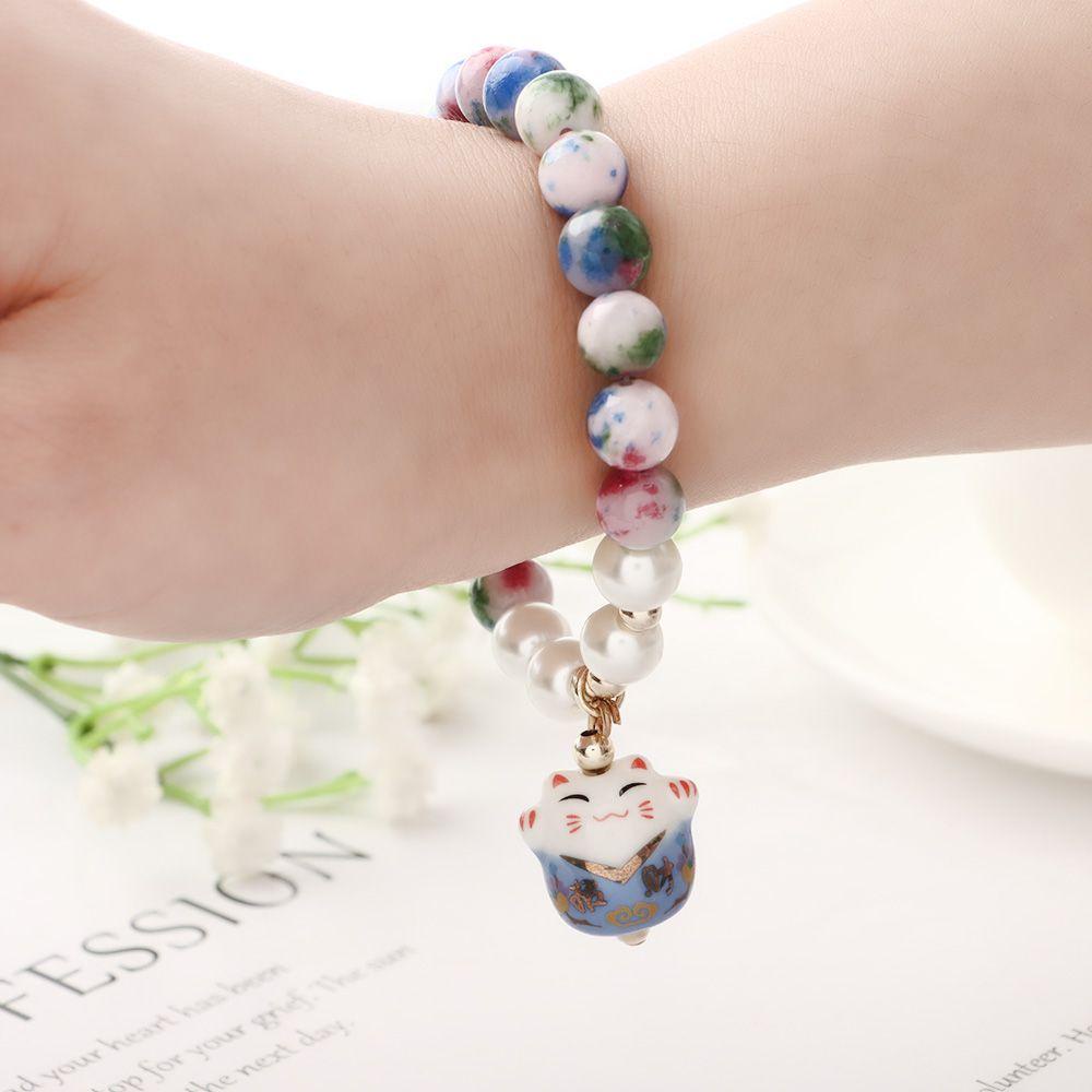 Vòng Tay Chuỗi Hạt Gốm Mặt Hình Mèo May Mắn Phong Cách Nhật Bản Kính