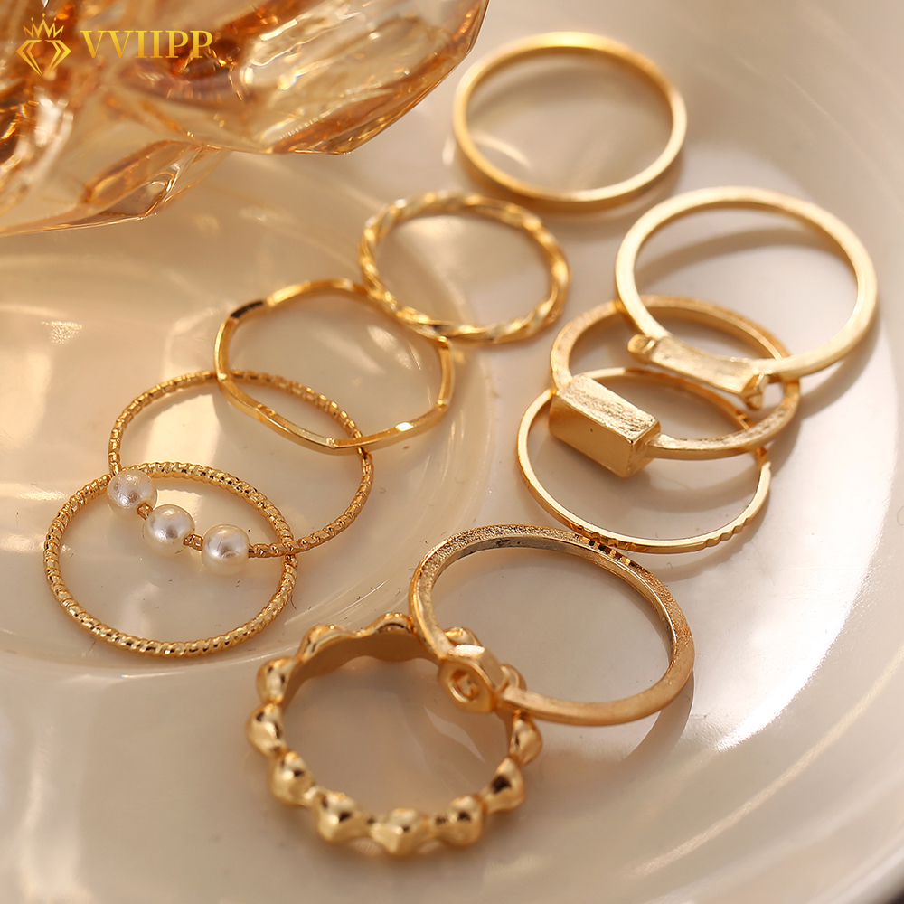 Set 10 nhẫn màu vàng thiết kế đơn giản thời trang sang trọng cho nữ