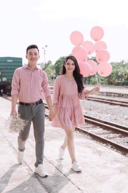 SET ĐỒ ĐÔI NAM NỮ ĐẸP COUPLE TINA SET ĐỒ CẶP NAM NỮ - DÁNG VÁY BABY DOLL MÀU HỒNG PASTER SIÊU XINH CHO CÁC CẶP ĐÔI