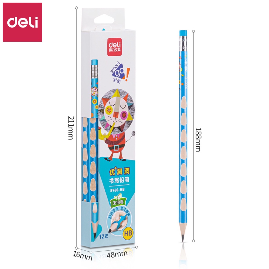 Hộp 12 bút chì định vị tay kèm đầu tẩy Deli - S960 HB/2B