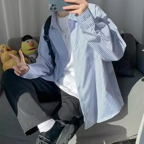 Mùa hè bùng nổ Hàn Quốc người đàn ông dài tay áo lỏng lẻo hàng ngày đơn giản phù hợp với thanh niên phổ biến mẫu sọc áo sơ mi nam dài tay
